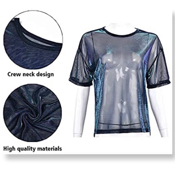 Holographic Mesh Shirt Metallic Shimmer See Through Shiny Top for Women Sz L - Picture 6 of 6